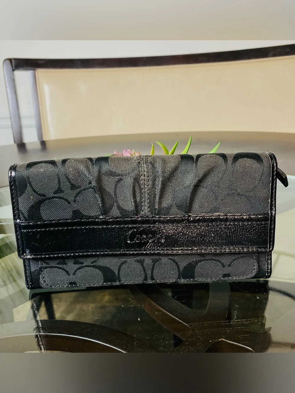 Coach Soho Black Signature Jacquard Pleated Wallet Checkbook Patent Trim Vintage